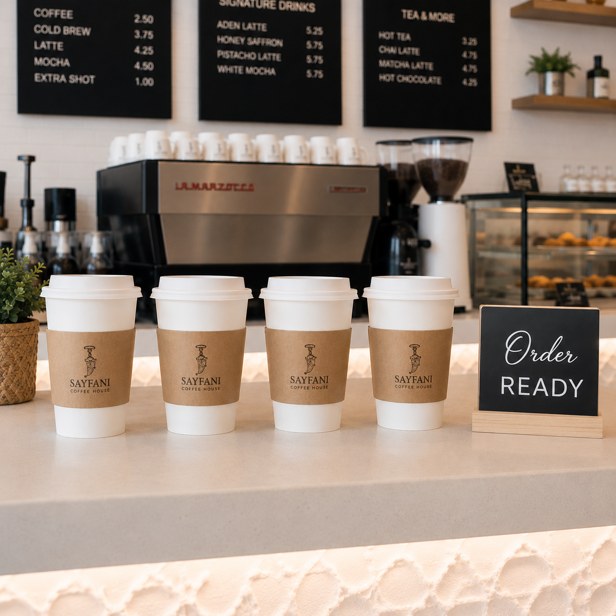 Takeaway coffee cups ready for pickup at Sayfani
